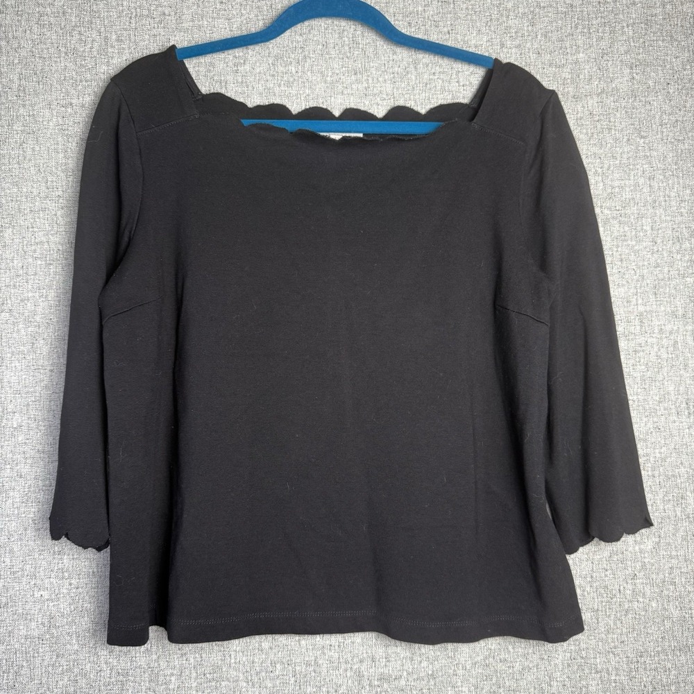 eri + ali Anthropologie Black Rayon Stretch Scalloped Neck 3/4 Sleeve‎ Top LARGE